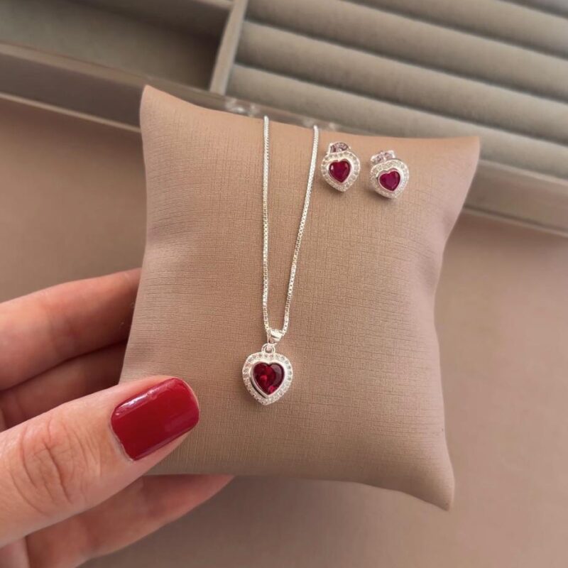 conjunto coração rosa em caixa alta corrente 45 cm