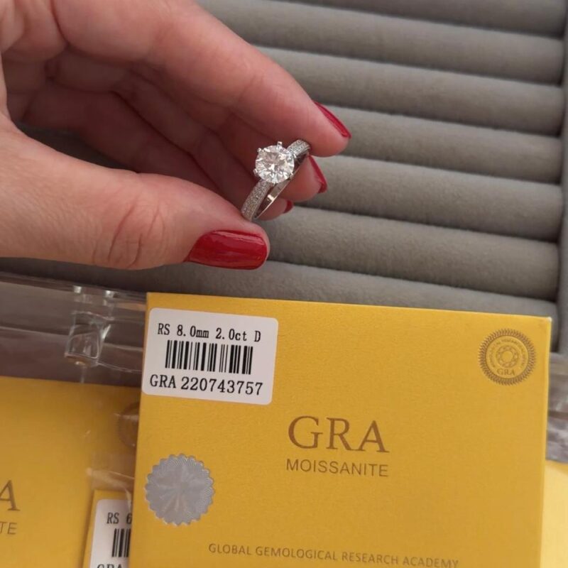 Anel solitário cravejado 6 garras moissanite 8 mm 2.0ct